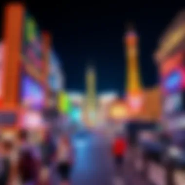 Las Vegas Strip at Night A vibrant scene of the Las Vegas Strip illuminated at night, showcasing bright neon signs and busy pedestrians, symbolizing excitement and rewards after a visit.
