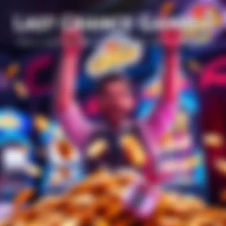 Last Chance Gamble A player celebrating a big win with coins and a slot machine in the background after placing a small bet.