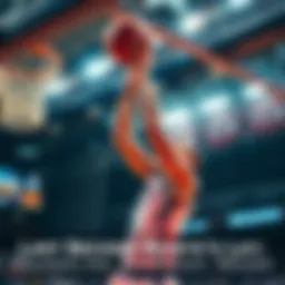 A basketball player takes a shot at the basket with only seconds left on the clock during a tense game