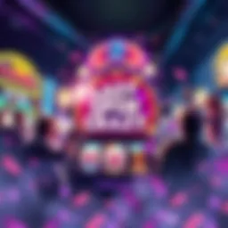 A colorful slot machine displaying the Last Spin Crazy game, surrounded by excited players celebrating big wins, with shining lights and vibrant graphics