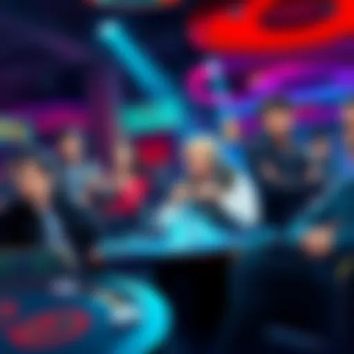 A lively casino scene with people playing games and betting, showcasing excitement and energy from Magic: The Gathering and casino games.