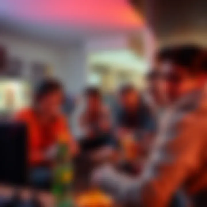 A group of players enjoying late-night gaming on consoles and computers, surrounded by snacks and drinks.