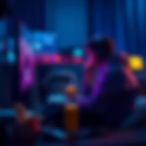 A person playing video games late at night with snacks and drinks nearby, showing an intense focus on the screen.