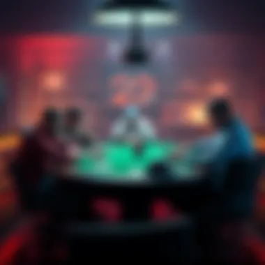 Late Night Poker Game A poker table with players showing signs of fatigue while one player arrives late, ready to join the game.