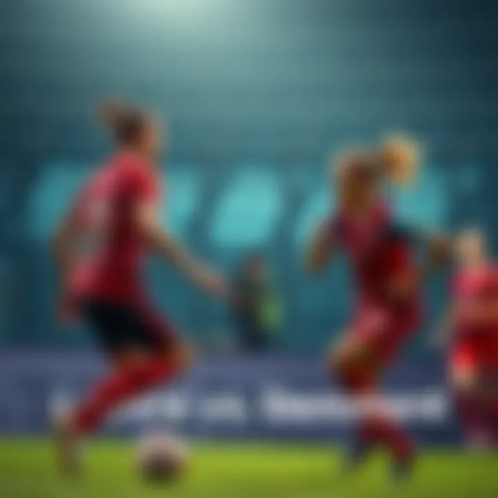 Players from Latvia and Denmark competing on the soccer field during their match