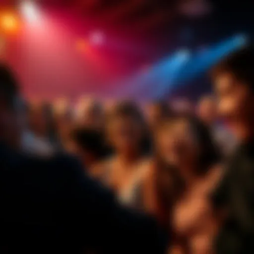 Laughing crowd enjoying a comedy show A diverse crowd laughing together at a comedy show, showing joy and connection through humor.