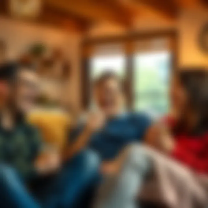 A group of friends laughing together while sharing classic jokes in a cozy setting.
