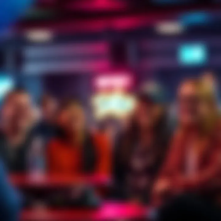 A diverse group of people laughing heartily while sitting at tables in a comedy club, enjoying a stand-up performance