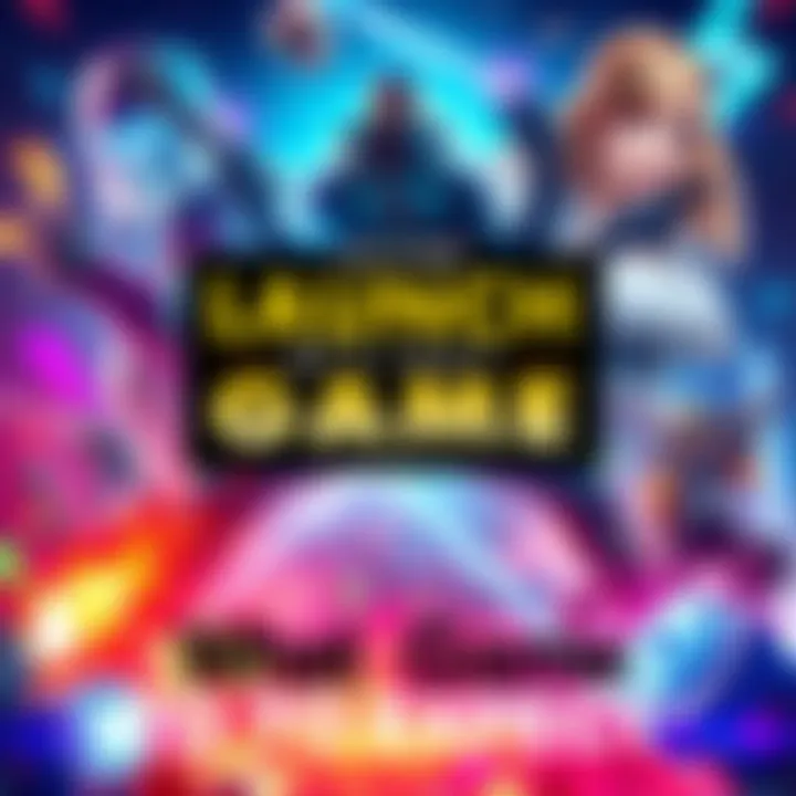 Launch of First Game A vibrant graphic showing the exciting launch of a new video game, featuring characters and game elements, with dynamic colors and action packed visuals.