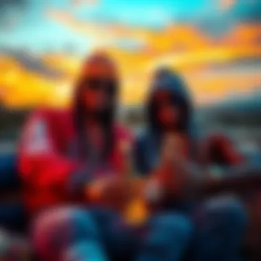 Le Rapper enjoying a six-pack with a friend during a colorful sunset, surrounded by good vibes.