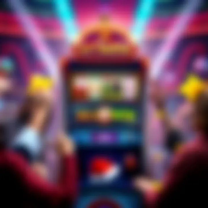 A colorful slot machine displaying enhanced spins and big win symbols from the Le Santa game, surrounded by excited players celebrating their wins.