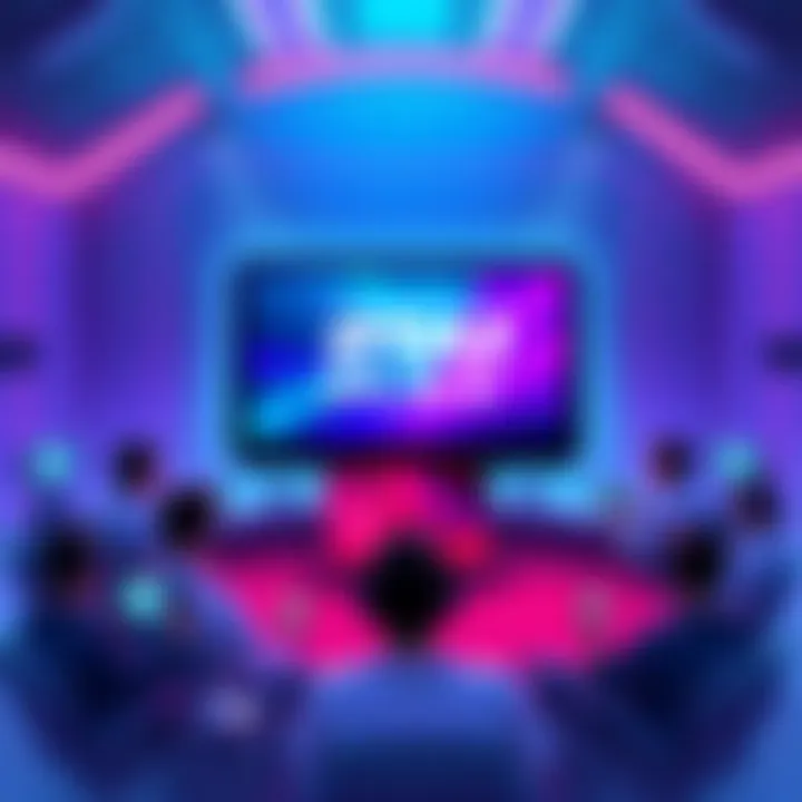 An illustration showing a futuristic gaming console with a bright screen displaying the 25U Play logo, surrounded by excited gamers discussing its features.