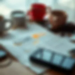A close-up of a script page with highlighted sections and notes, surrounded by coffee cups and a phone, symbolizing industry discussions.