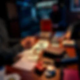 A person practicing card games with strategy notes and tools on a table