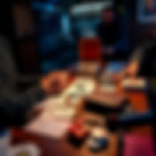 A person practicing card games with strategy notes and tools on a table