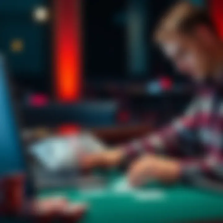 A person studying poker strategies with cards and a laptop, highlighting various learning resources for beginners.