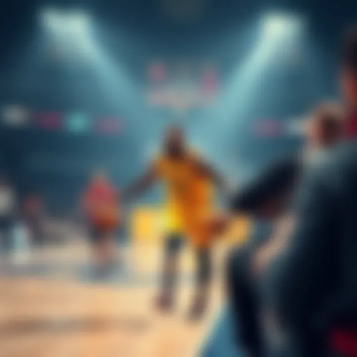 LeBron James dribbling the basketball during a game, showing focus and determination as younger players watch