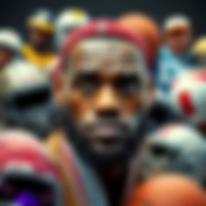 LeBron James looking puzzled while surrounded by various sports props, as fans react in forums.