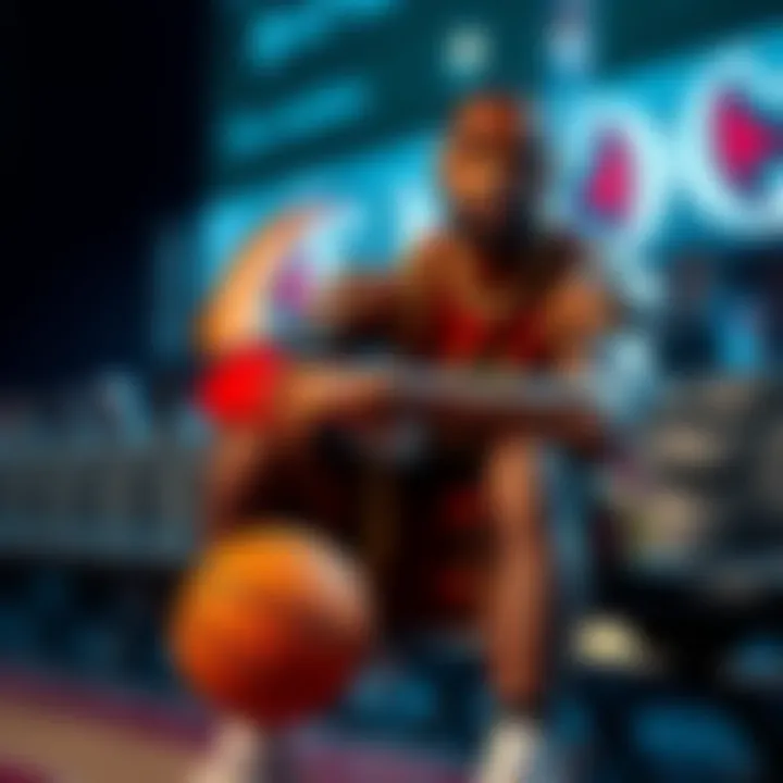 LeBron James sitting on a bench with a basketball, deep in thought about his future in the NBA.