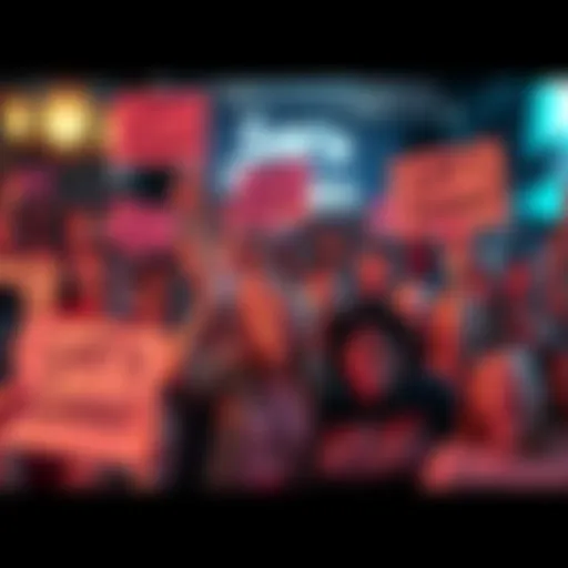 A diverse group of people cheering and holding signs supporting the 'Let’s Gooo' movement, creating a lively atmosphere.