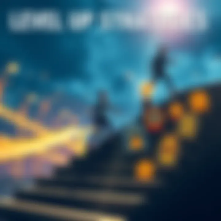 Level Up Strategies A person climbing a staircase with various achievement icons on each step, symbolizing progress to P5 level