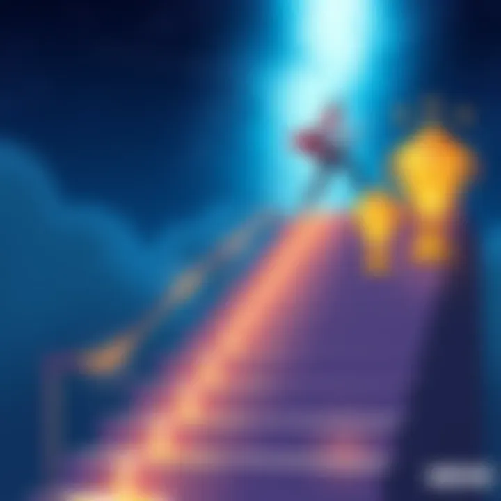 Illustration showing a character climbing a staircase with rewards appearing at each level, symbolizing progress and achievements.