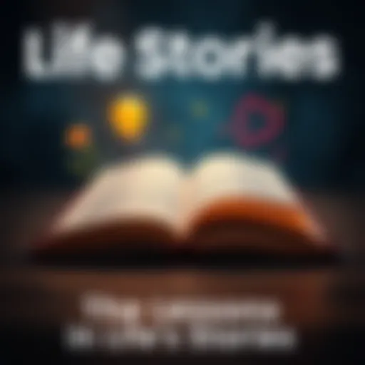 An open book with pages turning, surrounded by symbols of growth like a plant, a light bulb, and a heart, representing the lessons learned from personal stories.