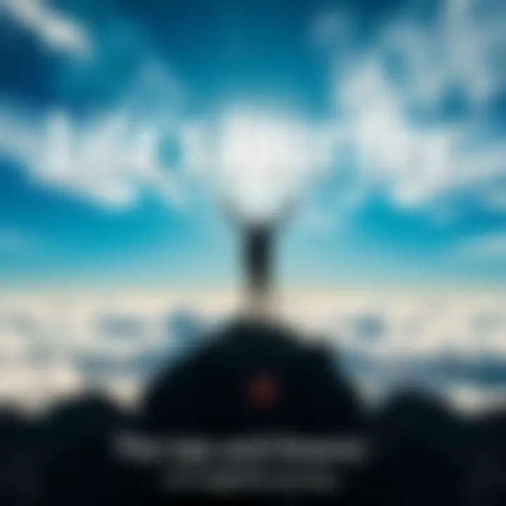 A person standing on a mountain peak, arms raised in triumph, with clouds below and a bright blue sky above, symbolizing personal growth and resilience.