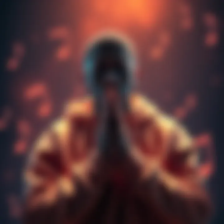 Lil Banger with his hands clasped in prayer, surrounded by a musical backdrop, symbolizing the link between faith and music