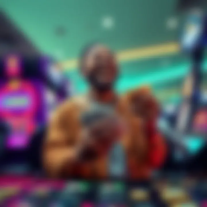 Lil Win joyfully cashing out his winnings at a payout counter after a successful day of gaming