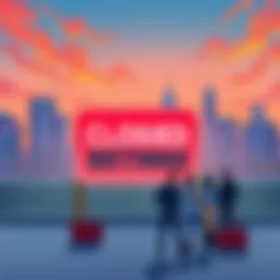 An illustration showing a closed betting sign with the Atlanta skyline in the background and figures discussing plans for the weekend.