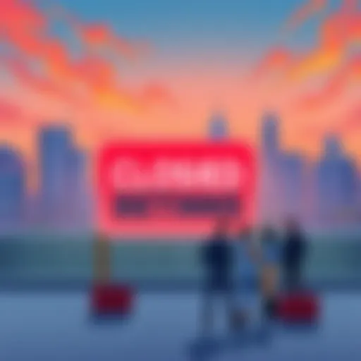 An illustration showing a closed betting sign with the Atlanta skyline in the background and figures discussing plans for the weekend.