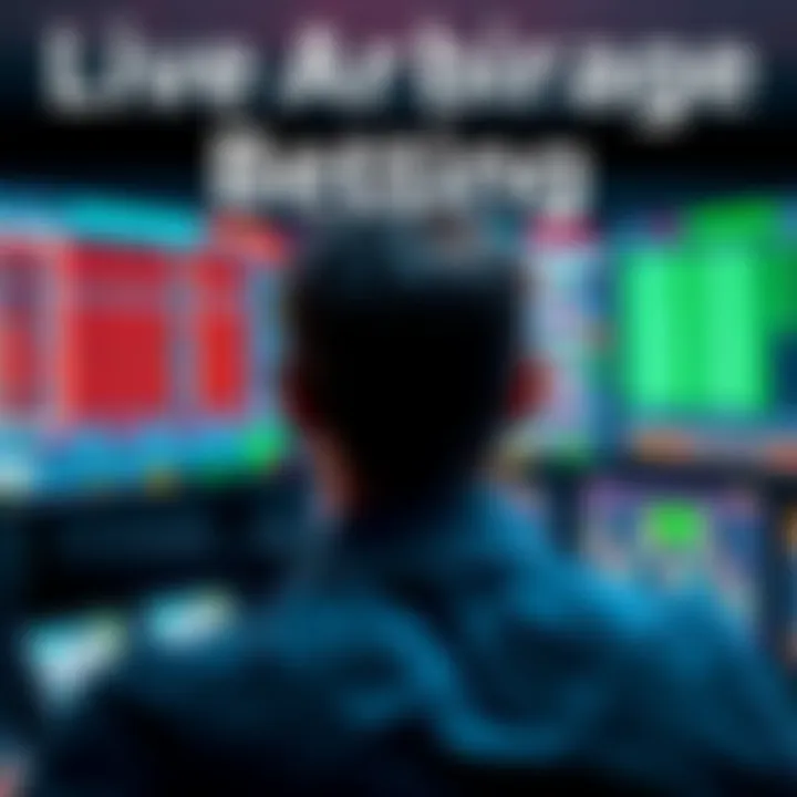 A person analyzing sports betting odds on multiple screens to find profit opportunities through live arbitrage.