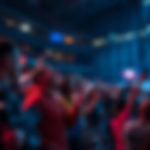 A group of people excitedly placing live bets on a sports event using mobile devices at a crowded venue