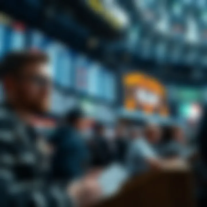 A close-up of people placing bets on the Giants and Mets game during an Athletics match, with a scoreboard in the background.