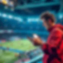A sports fan excitedly placing live bets on a mobile device during halftime of a soccer game