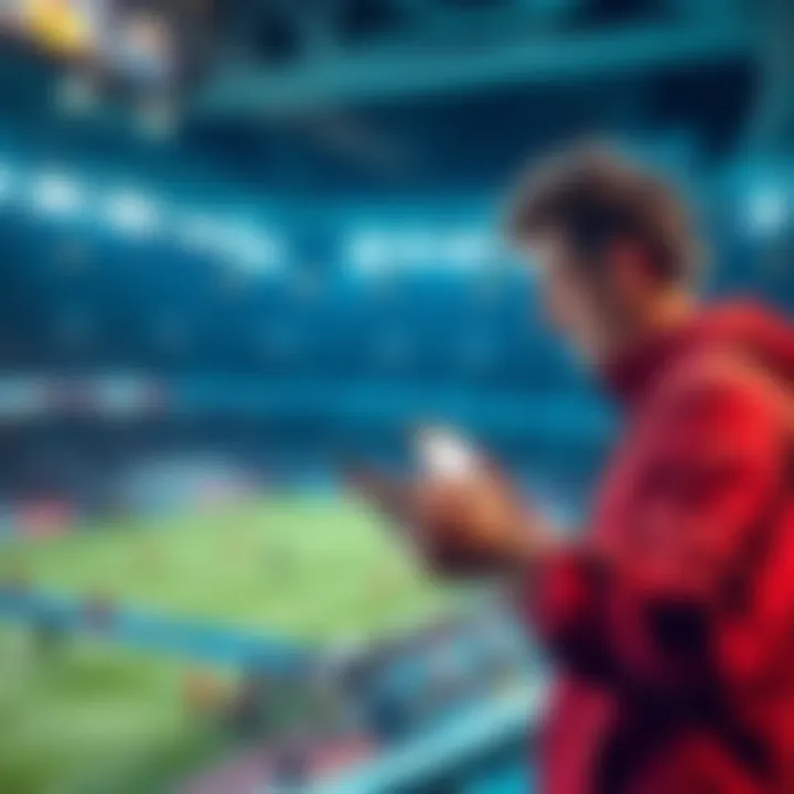 Live Betting Action at Halftime A sports fan excitedly placing live bets on a mobile device during halftime of a soccer game