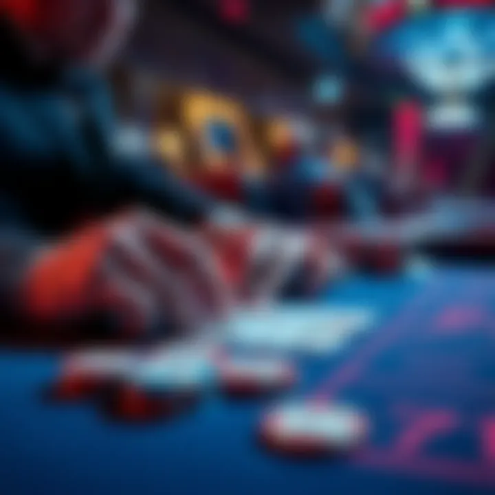 A player using chips to strategize at a live dealer game table with cards showing multiple 7s.