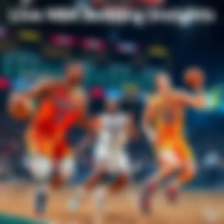 Live NBA Betting Insights A graphic showing NBA players in action with betting odds and statistics displayed, representing live betting opportunities.