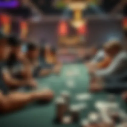 A table of players engaged in a live poker game, with cards and chips in front of them, showing concentration and excitement.