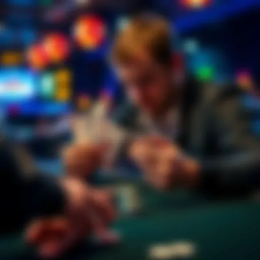 A player contemplating a tough decision with pocket aces at a poker table during a live 5/5 game.