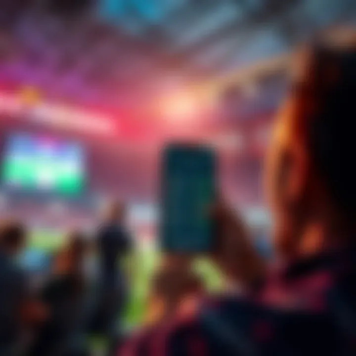 Live Betting Action A person excitedly placing a live bet on a sports event, showing a smartphone screen with betting options and an animated sports graphic in the background.