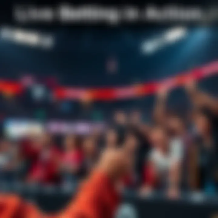 A sports fan placing live bets on a mobile device during a game, surrounded by cheering spectators.