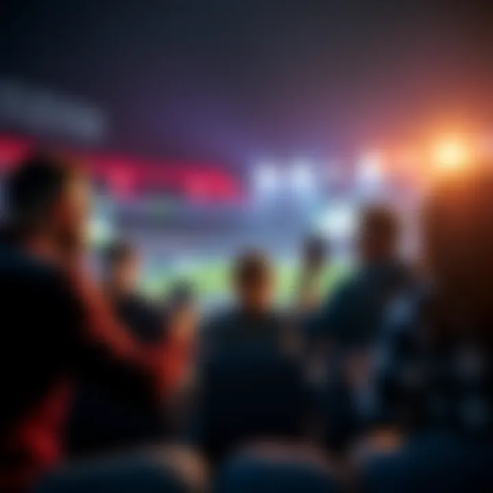 A group of friends watching a sports game on TV while placing live bets on their devices, cheering for their favorite teams.