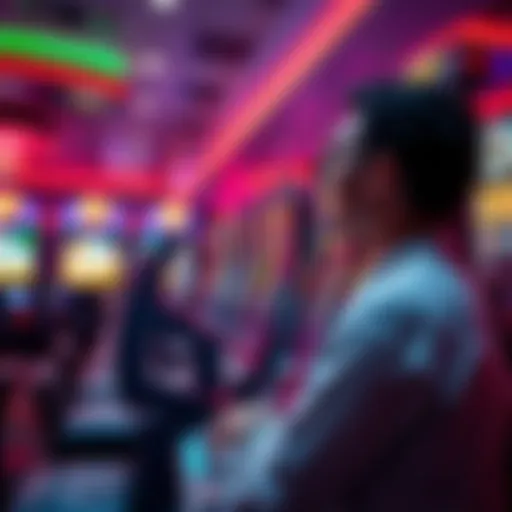 A person placing a $1,000 bet on a spinning slot machine in a casino setting, showcasing excitement and tension.