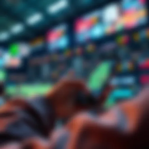 A person placing bets on a live sporting event using a mobile device, with sports graphics and odds displayed on the screen.