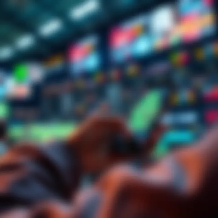 A person placing bets on a live sporting event using a mobile device, with sports graphics and odds displayed on the screen.