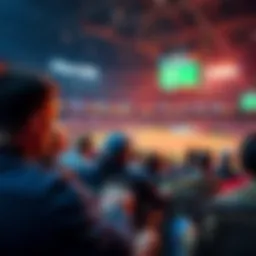 A group of people watching a live sports game while making bets on their devices in real-time.