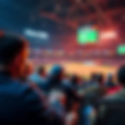 A group of people watching a live sports game while making bets on their devices in real-time.