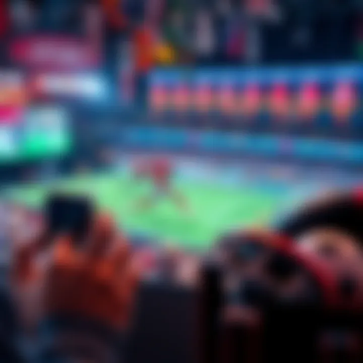 Live Betting Strategy A person analyzing a live sports event while placing bets on a mobile device, surrounded by sports paraphernalia.